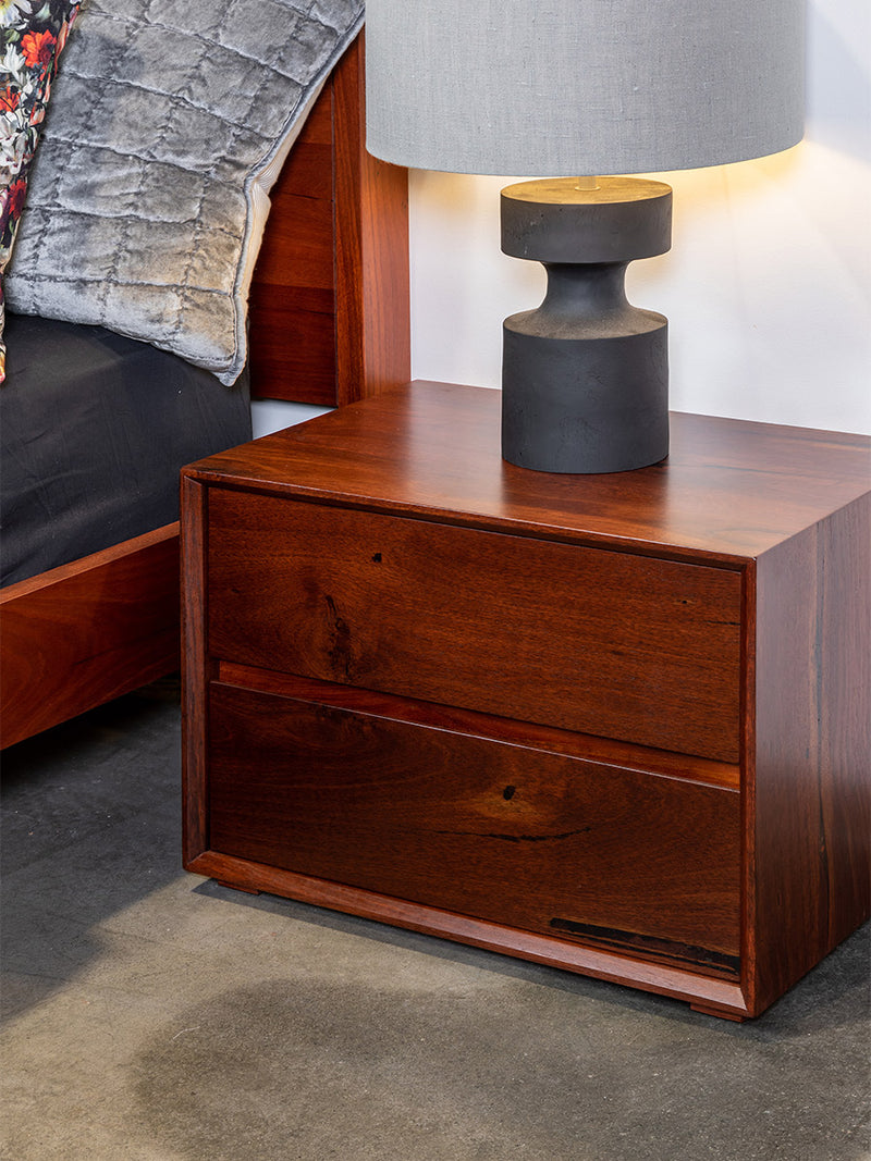 Apartment style solid jarrah timber wood bedside table two drawer bedroom suite Perth WA