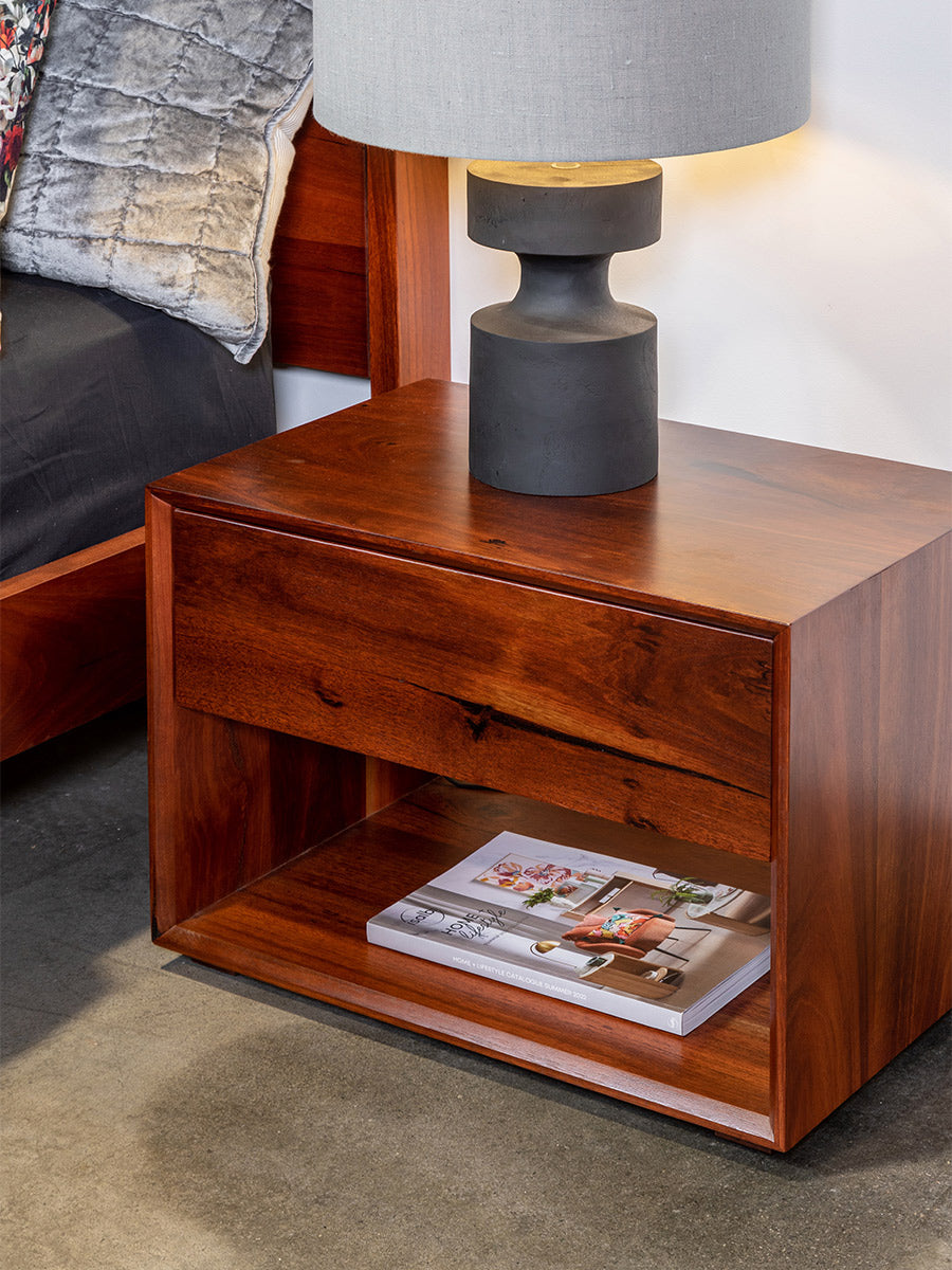 Apartment style solid jarrah timber wood bedside table one drawer bedroom suite Perth WA