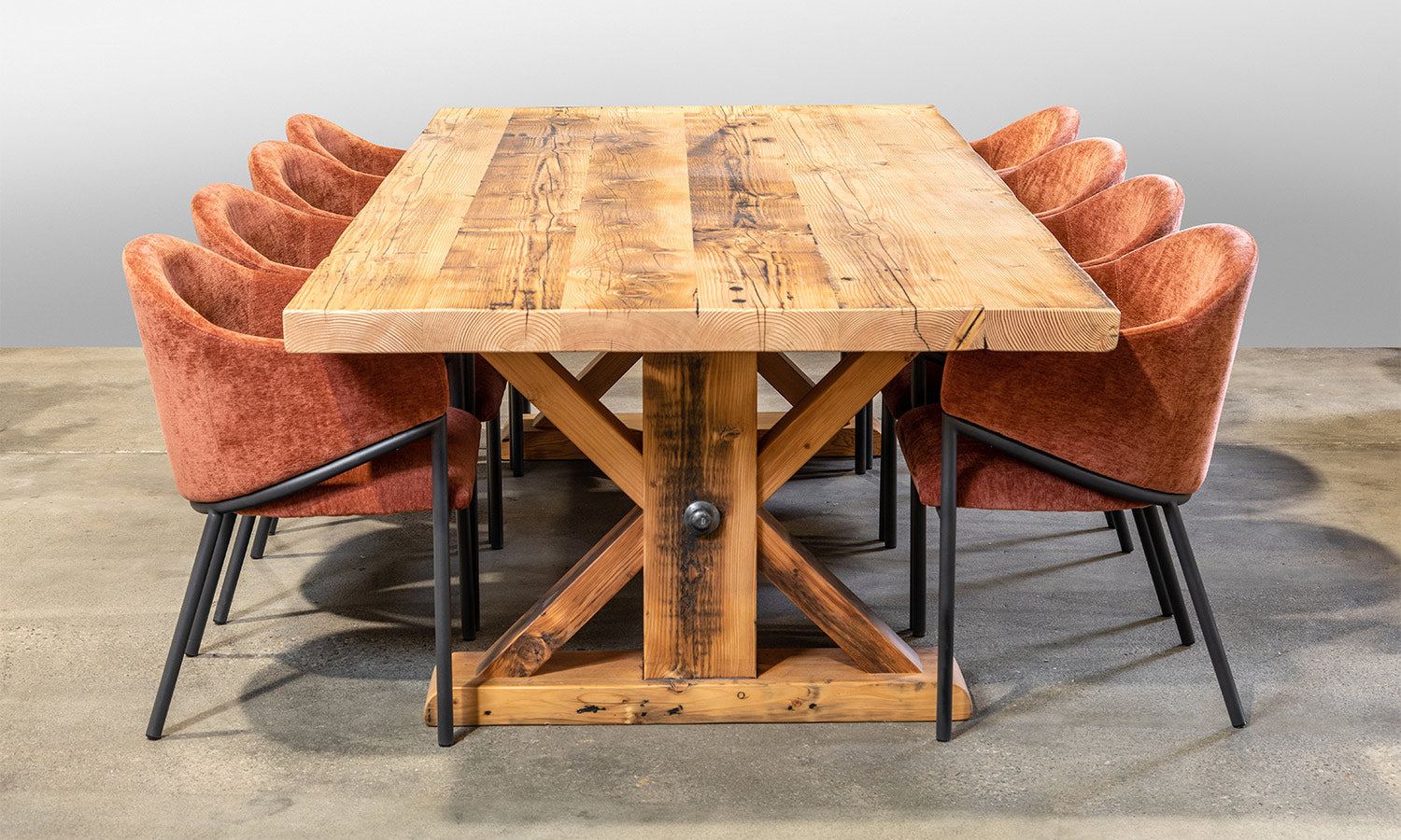 French Refrectory Industrial Recycled Baltic Pine Dining Table Perth WA with Chairs