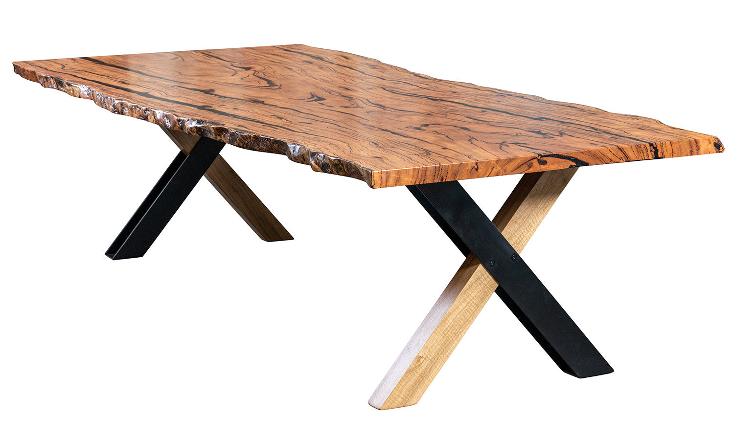 Intwine Solid Marri Timber Slab Dining Table with Natural Edge  Unique X shaped hybrid base wood and metal, made in Perth, WA